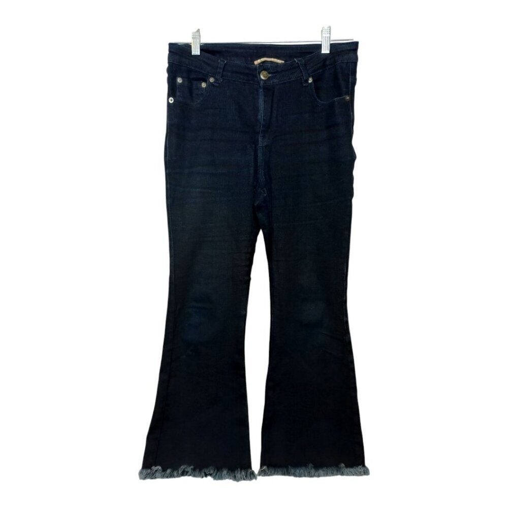 Ecru Lab Womens Size M Flare Capri Jeans Cropped Blue Fringe Hem 23 Inch Inseam